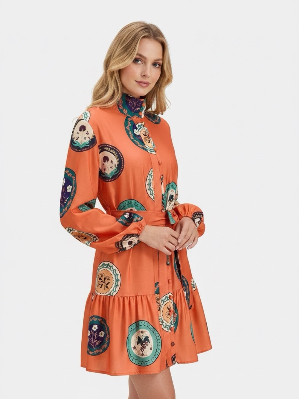 Commense Printed Belted Cotton Linen Long Sleeve Mini Dress - Picture 2 of 16